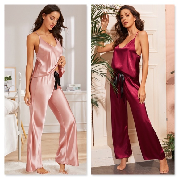 Navy Blue Satin Pajama Set: Cami Top and Pants - Picture 9 of 9